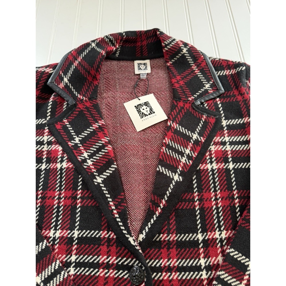 Anne Klein Plaid Long Knit Coat Womens L NWT Black Red Plaid Fall Jacket New - Picture 2 of 10